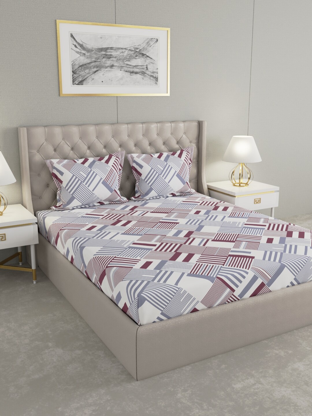 

Raymond Home Violet & White Geometric 104 TC King Bedsheet with 2 Pillow Covers