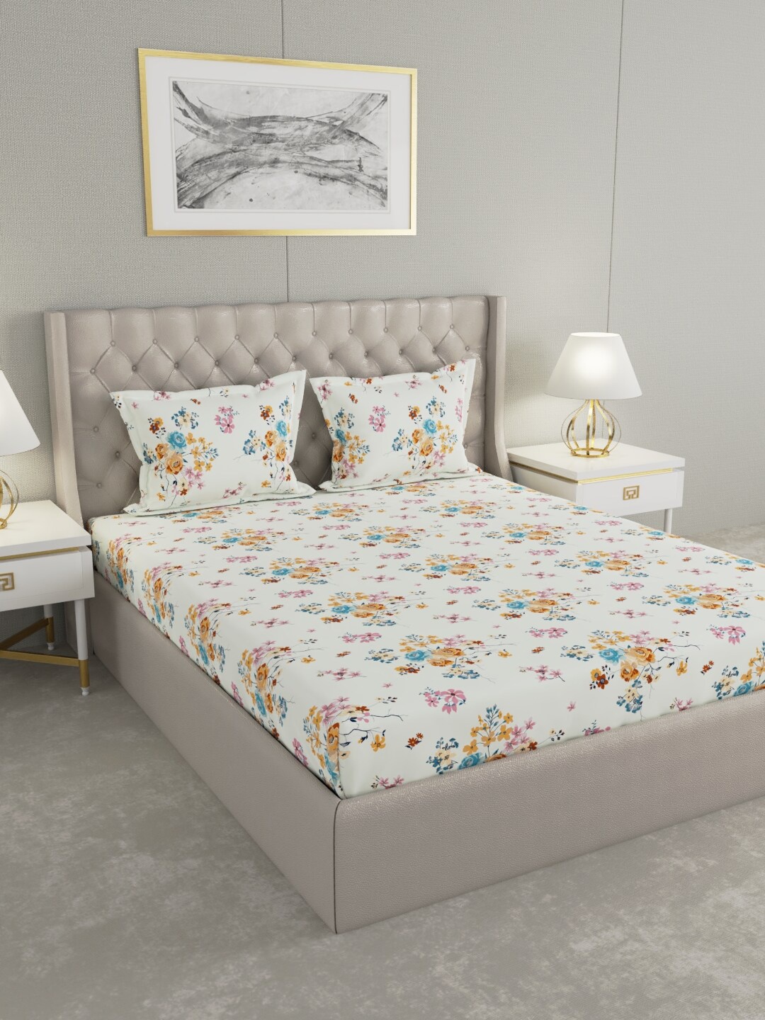 

Raymond Home White & Yellow Floral 104 TC King Bedsheet with 2 Pillow Covers