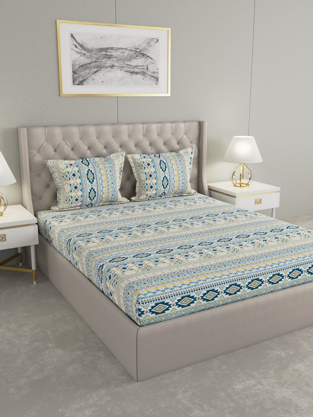 

Raymond Home White & Blue Ethnic Motifs 104 TC King Bedsheet with 2 Pillow Covers