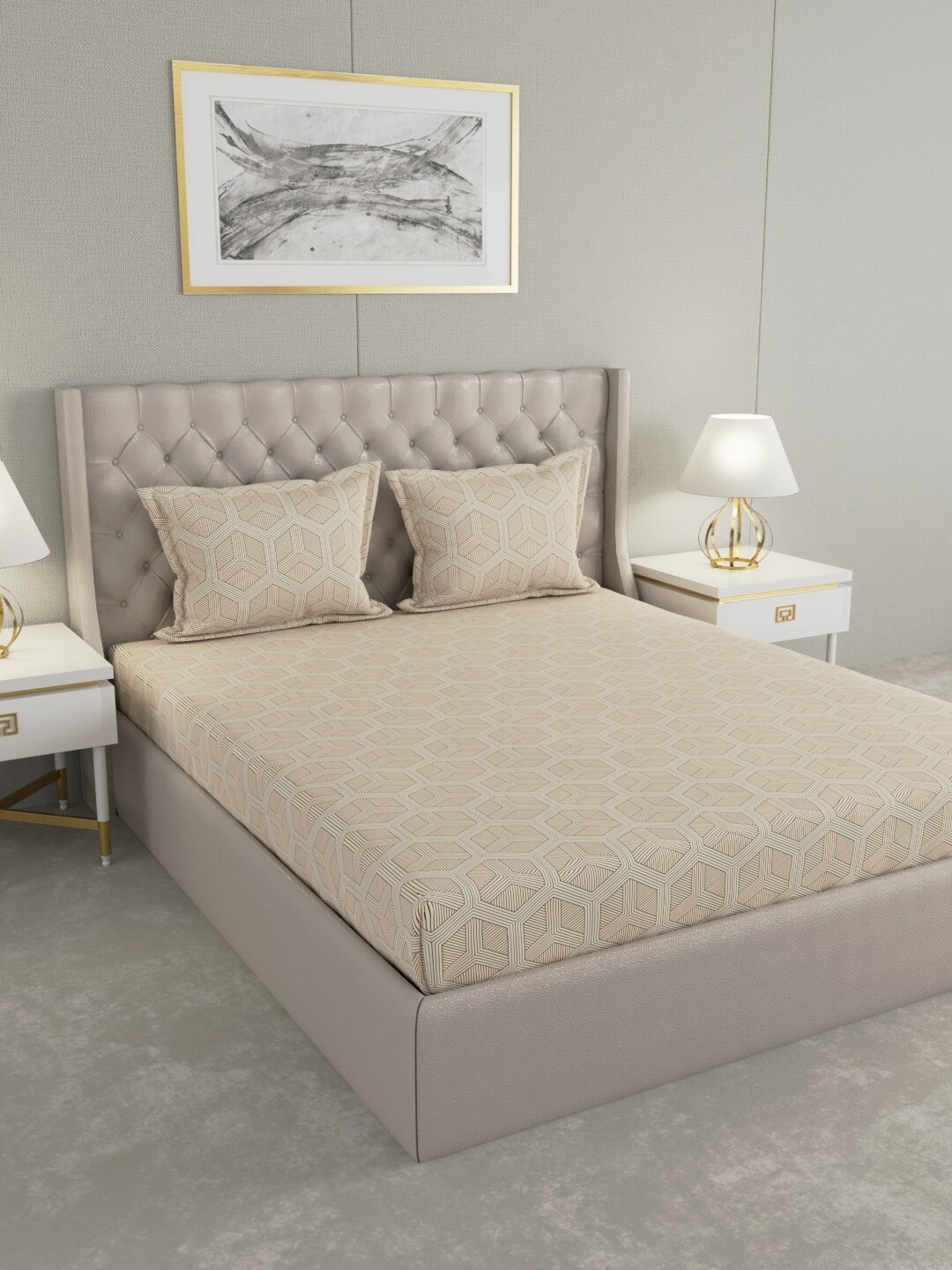 

Raymond Home Brown & Green Geometric 104 TC King Bedsheet with 2 Pillow Covers