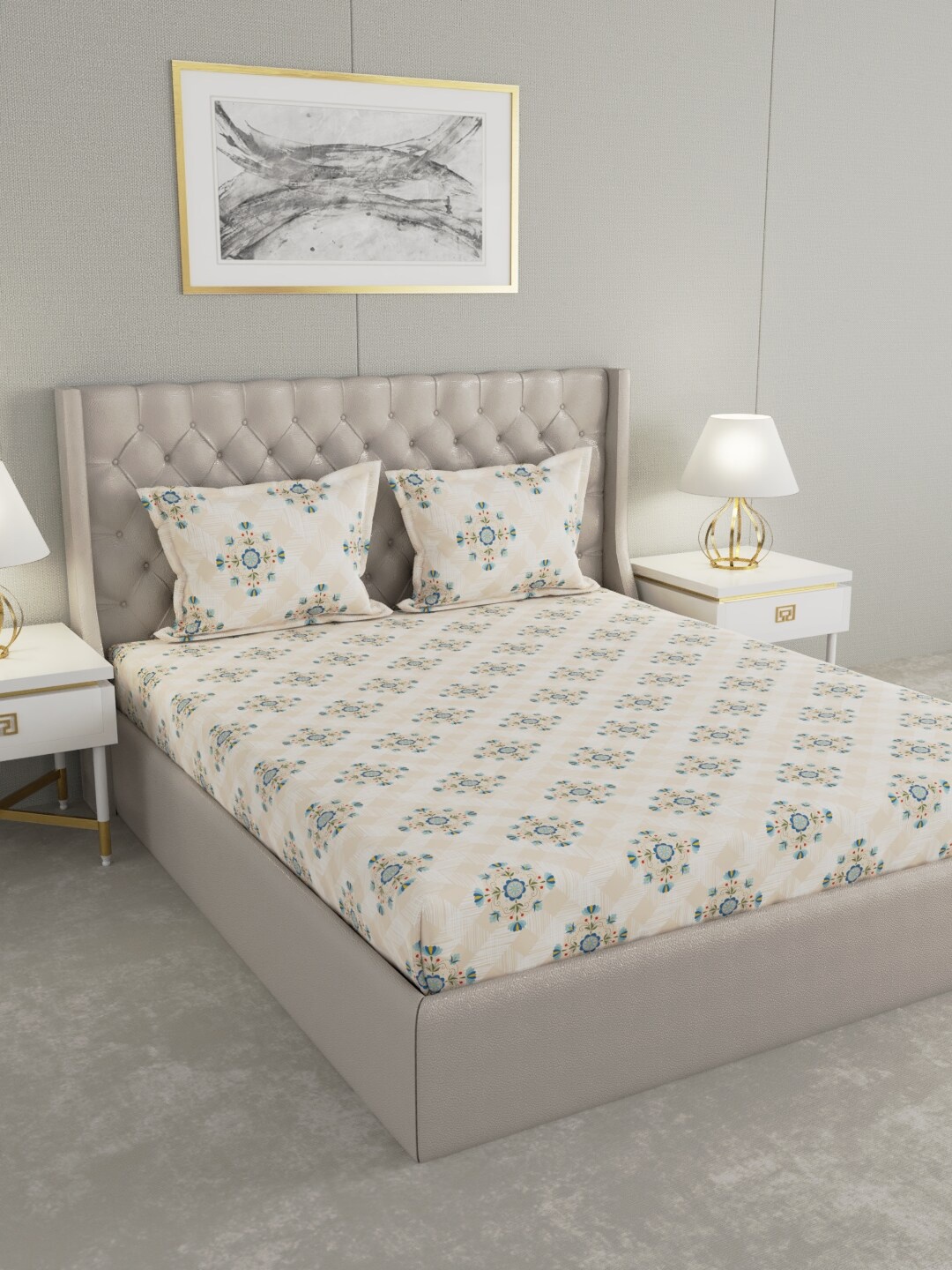 

Raymond Home Beige & Blue Floral Cotton 104 TC King Bedsheet with 2 Pillow Covers