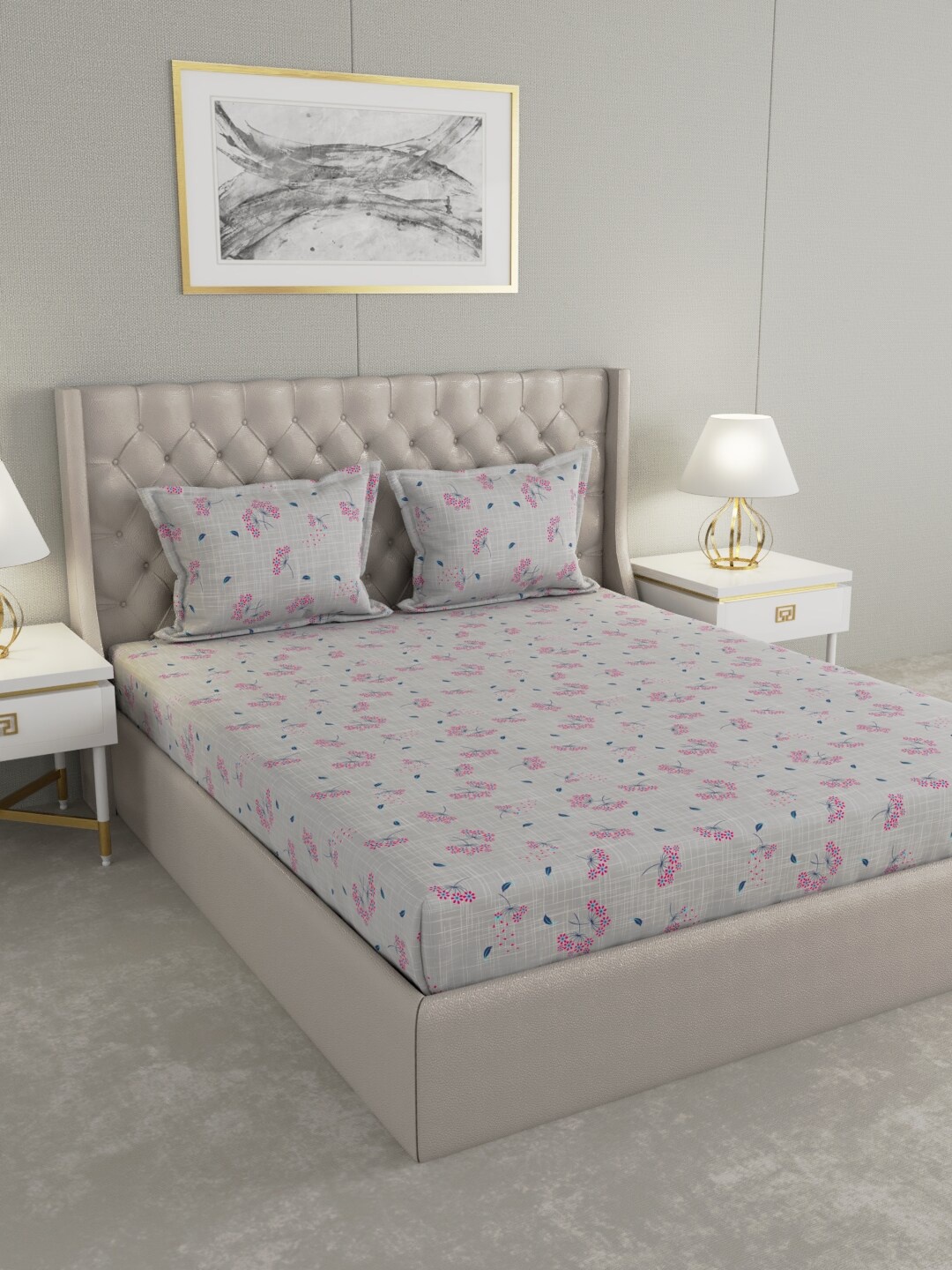 

Raymond Home Grey & Blue Floral Cotton 104 TC King Bedsheet with 2 Pillow Covers