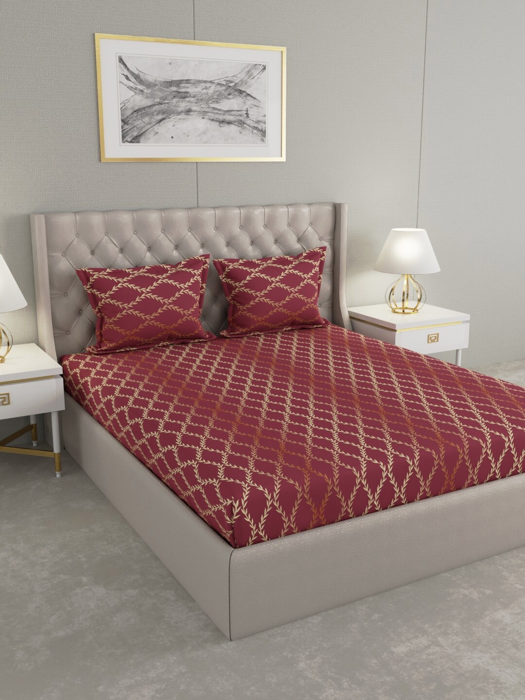

Raymond Home Maroon & Brown Geometric 104 TC King Bedsheet with 2 Pillow Covers