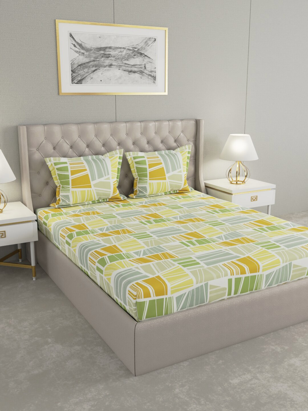 

Raymond Home Green & White Geometric 104 TC Cotton King Bedsheet with 2 Pillow Covers