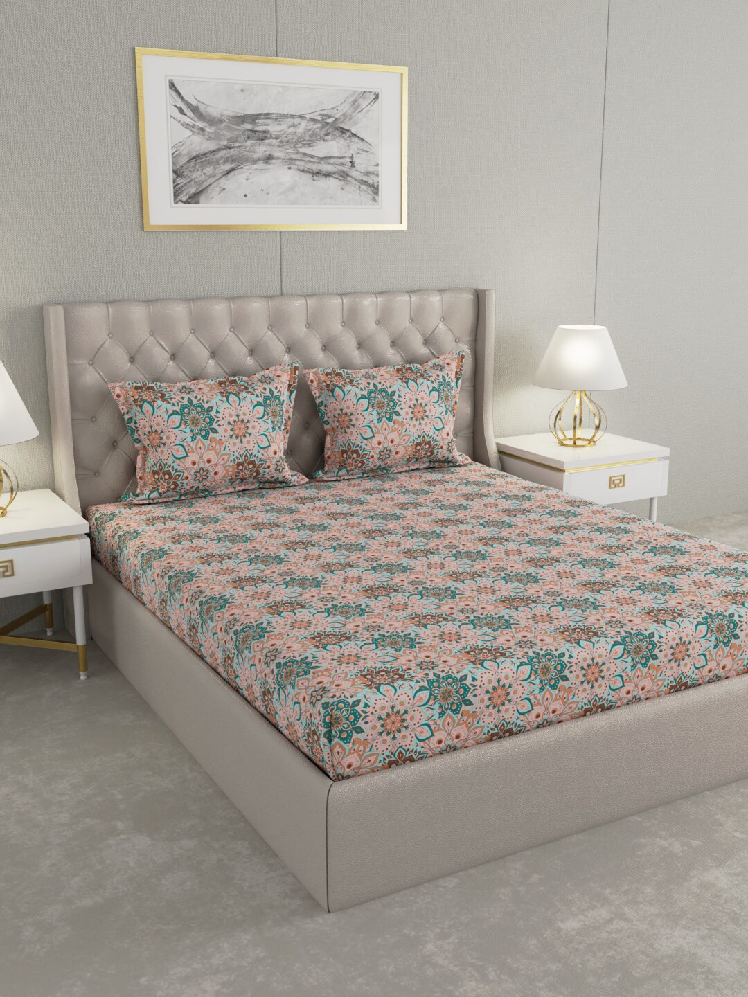 

Raymond Home Pink & Green Floral 104 TC King Bedsheet with 2 Pillow Covers