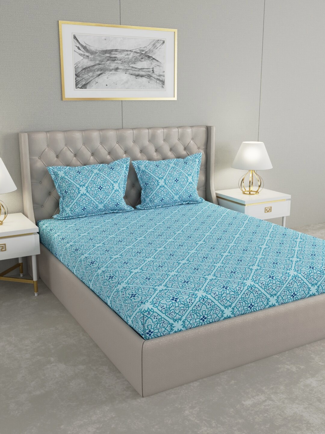 

Raymond Home Blue & Navy Blue Ethnic Motifs 104 TC King Bedsheet with 2 Pillow Covers