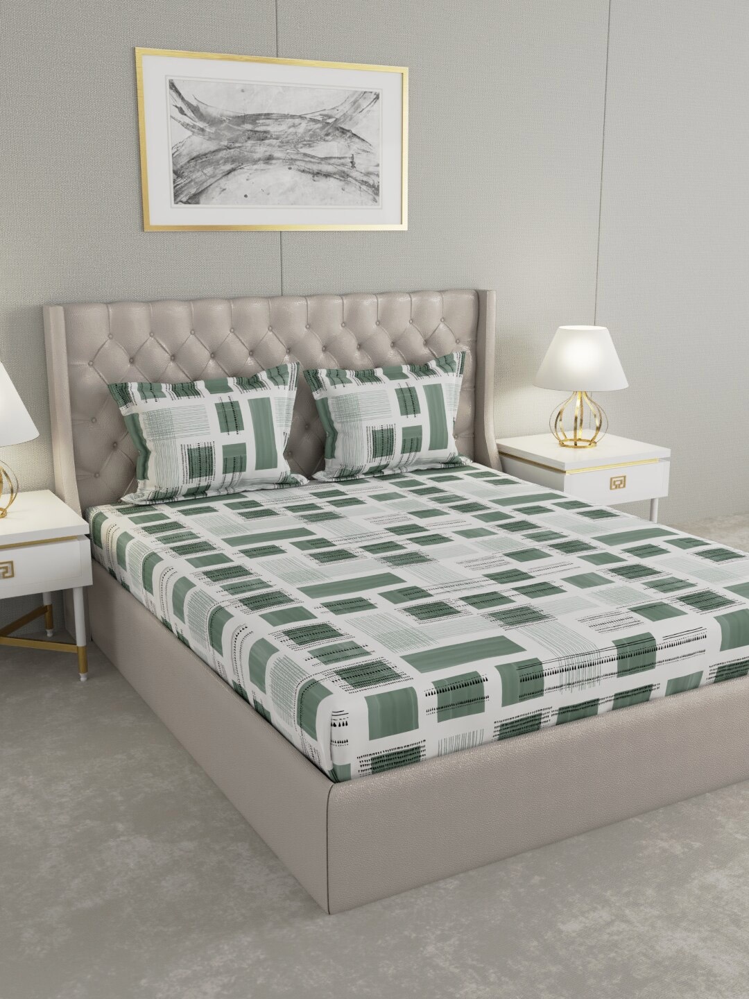 

Raymond Home Green & White Geometric 104 TC King Bedsheet with 2 Pillow Covers