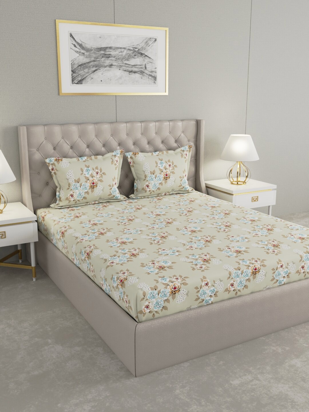 

Raymond Home Green & Blue Floral Cotton 104 TC King Bedsheet with 2 Pillow Covers