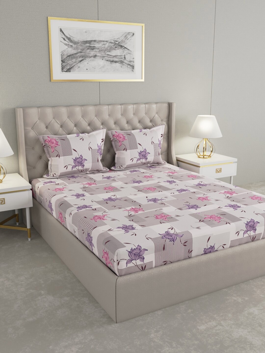 

Raymond Home White & Purple Floral 104 TC King Bedsheet with 2 Pillow Covers