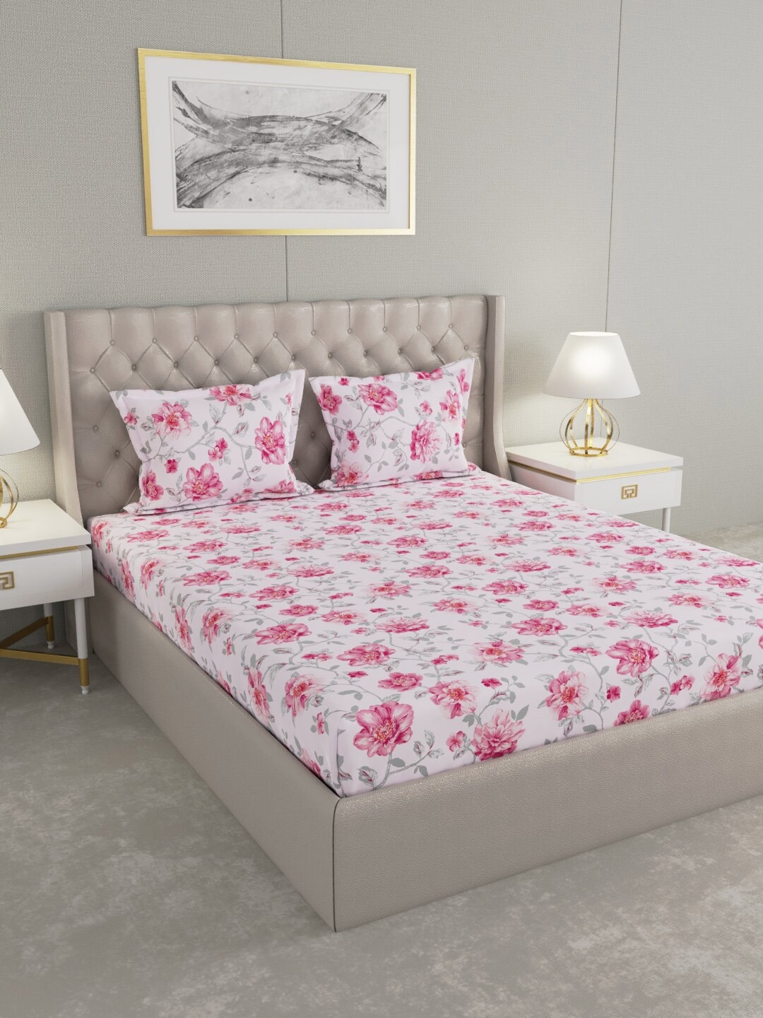 

Raymond Home Pink & White Floral 104 TC King Bedsheet with 2 Pillow Covers