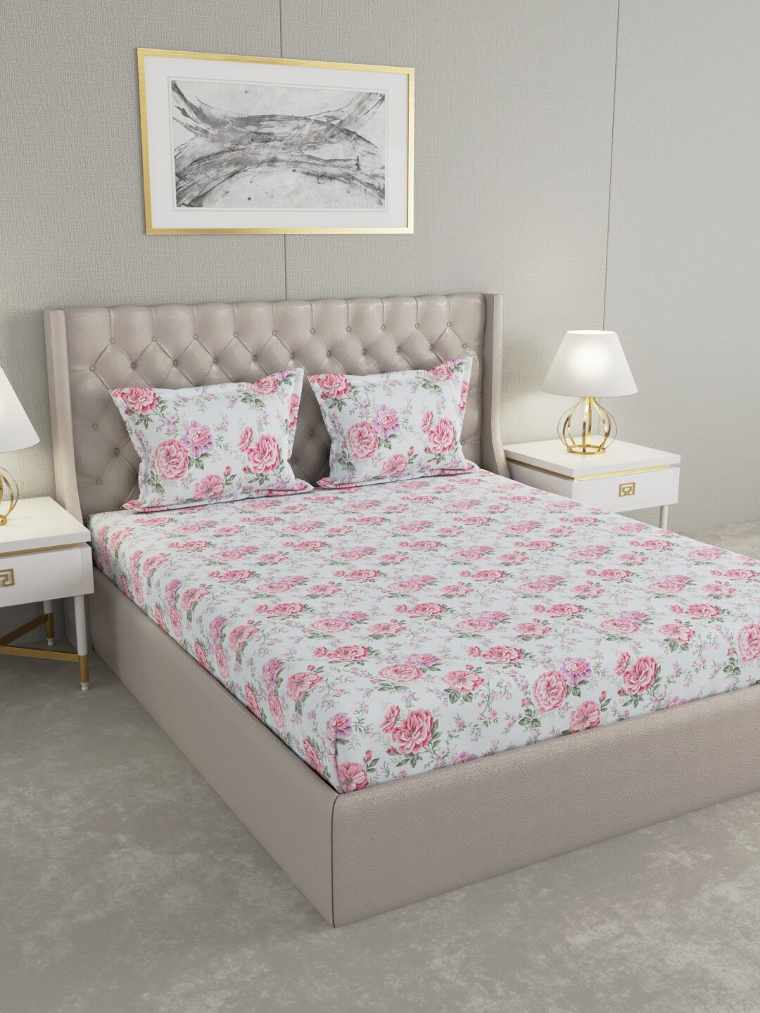 

Raymond Home Pink & Green Floral 104 TC Cotton King Bedsheet with 2 Pillow Covers