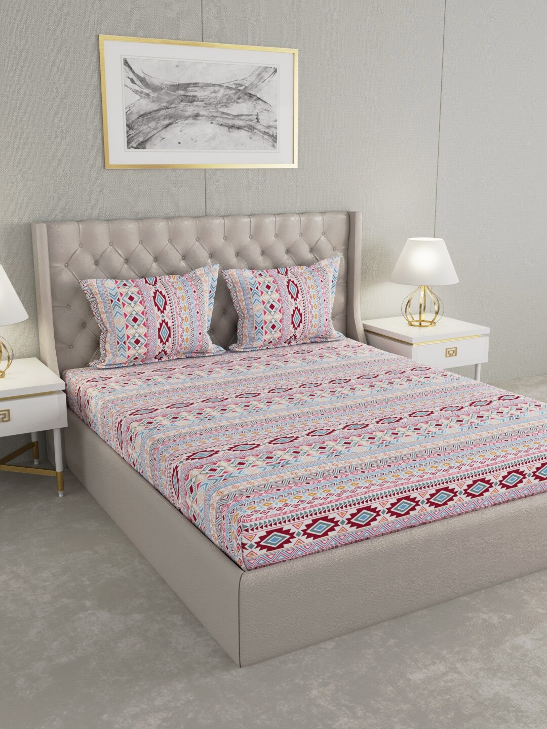 

Raymond Home White & Purple Geometric 104 TC King Bedsheet with 2 Pillow Covers