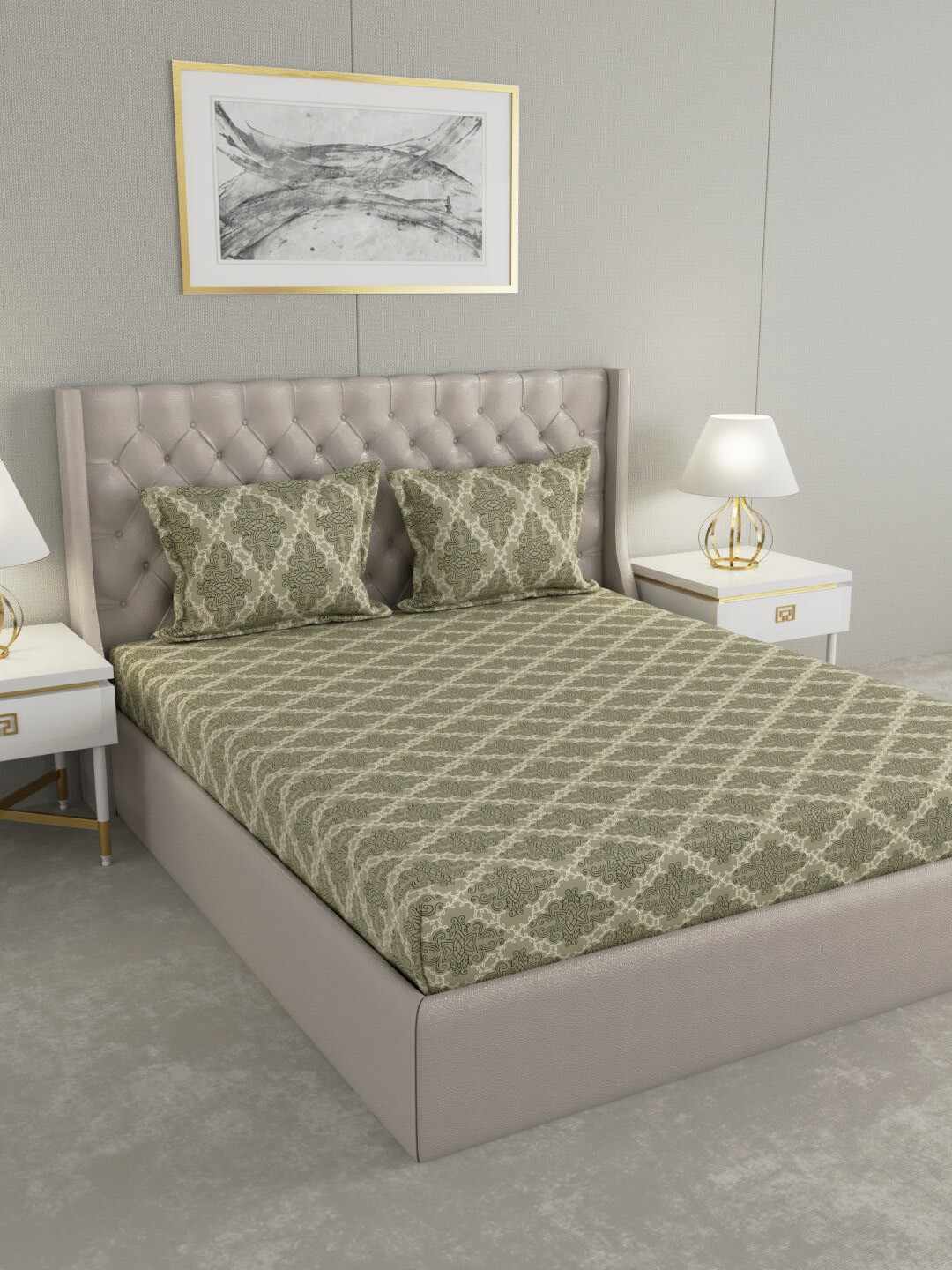 

Raymond Home Green & Black Ethnic Motifs 104 TC King Bedsheet with 2 Pillow Covers