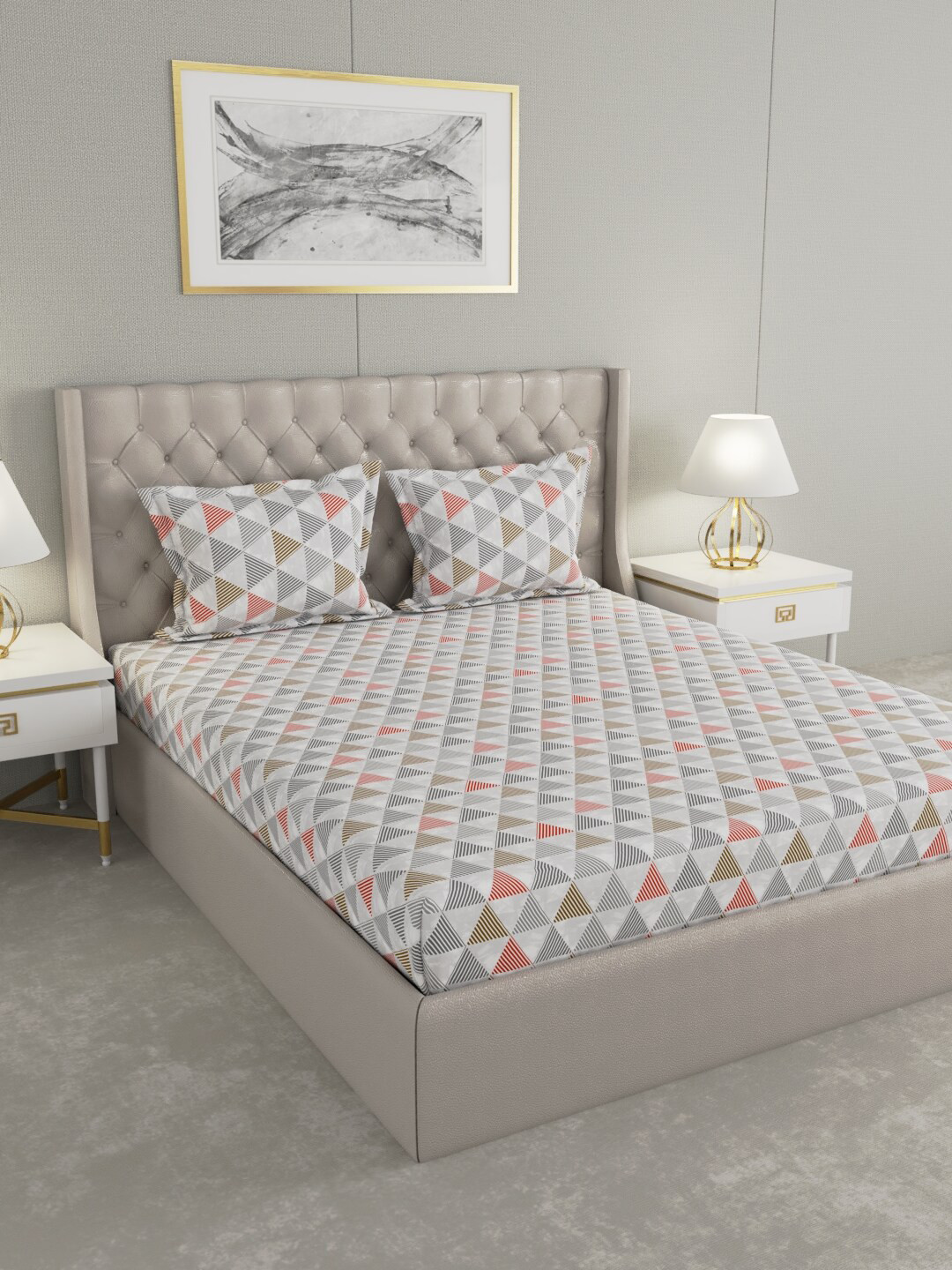 

Raymond Home White & Red Geometric 104 TC King Bedsheet with 2 Pillow Covers