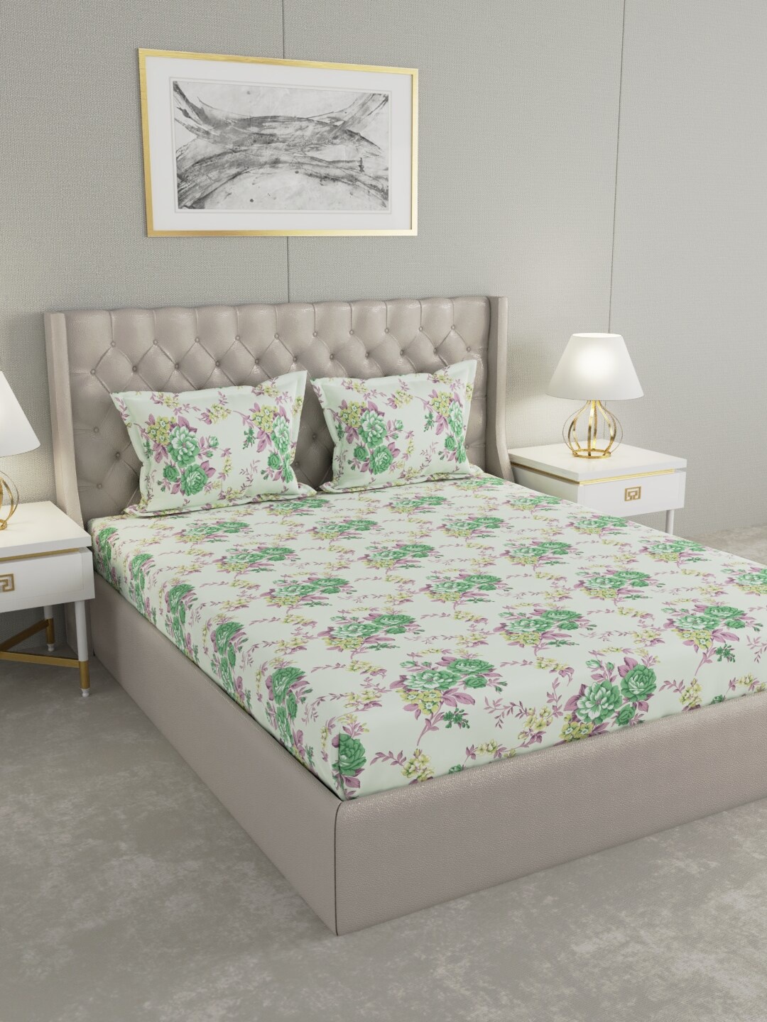 

Raymond Home Lime Green & Green Floral 104 TC Cotton King Bedsheet with 2 Pillow Covers