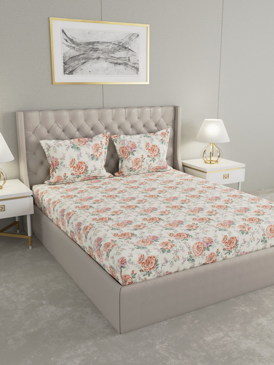 

Raymond Home Peach-Coloured & Green Floral 104 TC King Bedsheet with 2 Pillow Covers