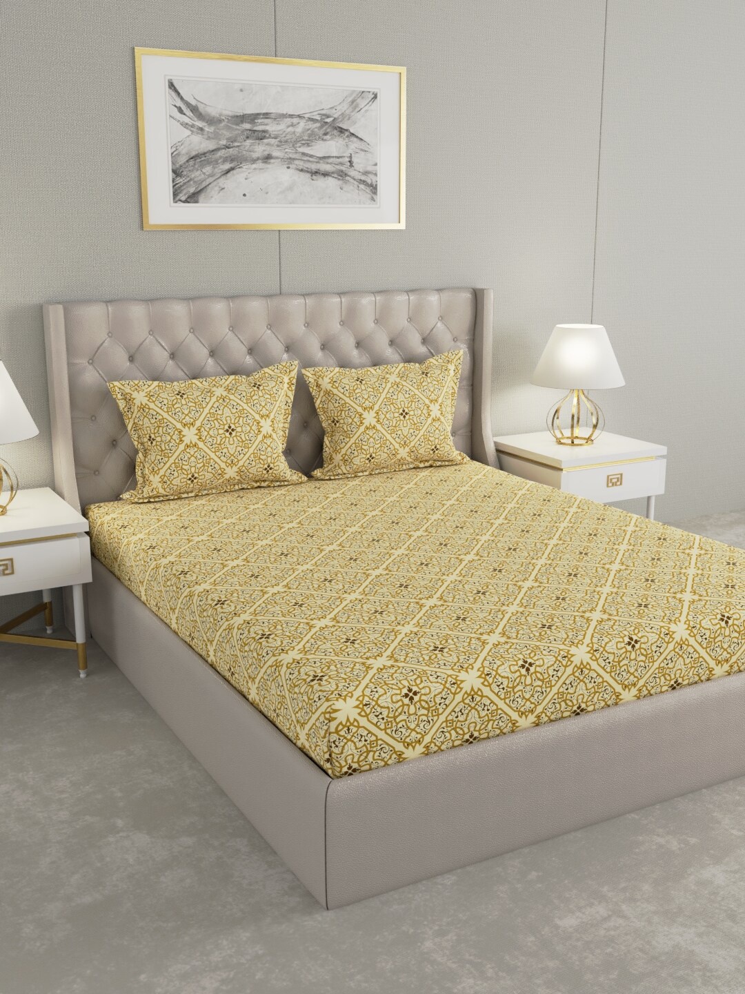 

Raymond Home Yellow & Green Ethnic Motifs 104 TC King Bedsheet with 2 Pillow Covers