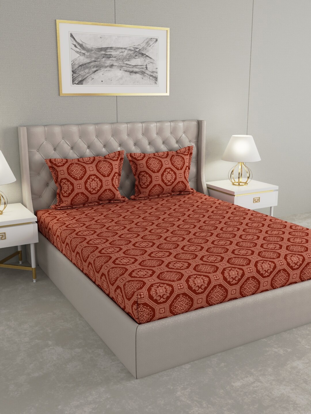 

Raymond Home Brown & Peach-Coloured Ethnic Motifs Cotton 104 TC King Bedsheet with 2 Pillow Covers