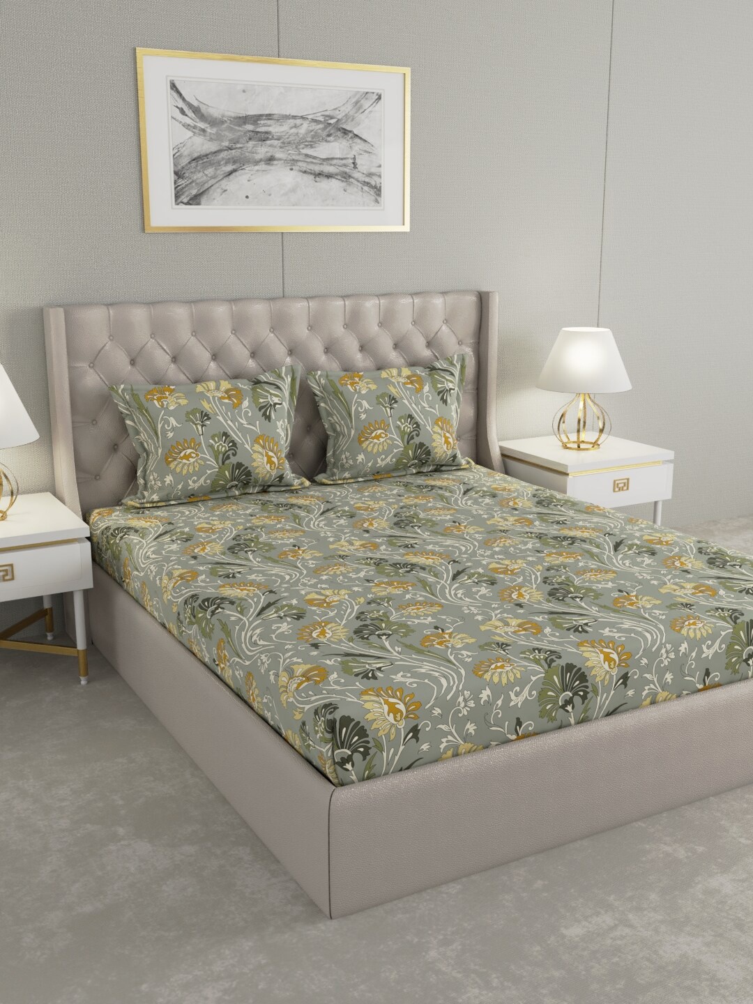 

Raymond Home Green & White Floral 104 TC King Bedsheet with 2 Pillow Covers