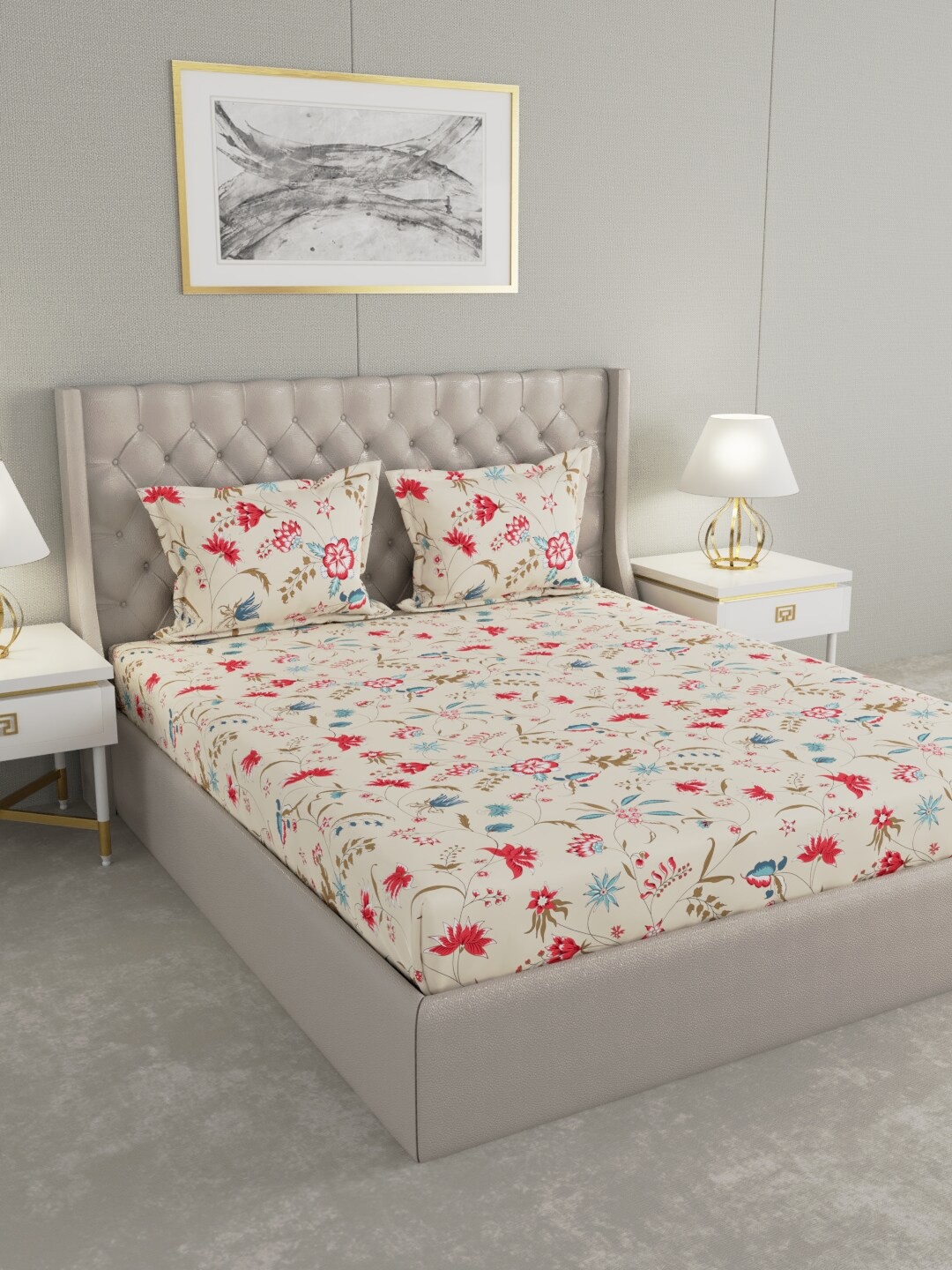 

Raymond Home Cream-Coloured & Pink Floral 104 TC King Bedsheet with 2 Pillow Covers