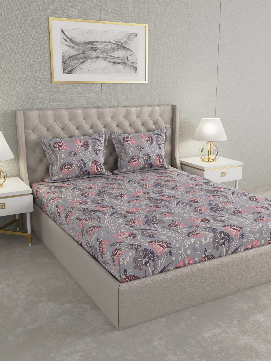 

Raymond Home Grey & Pink Floral Cotton 104 TC King Bedsheet with 2 Pillow Covers