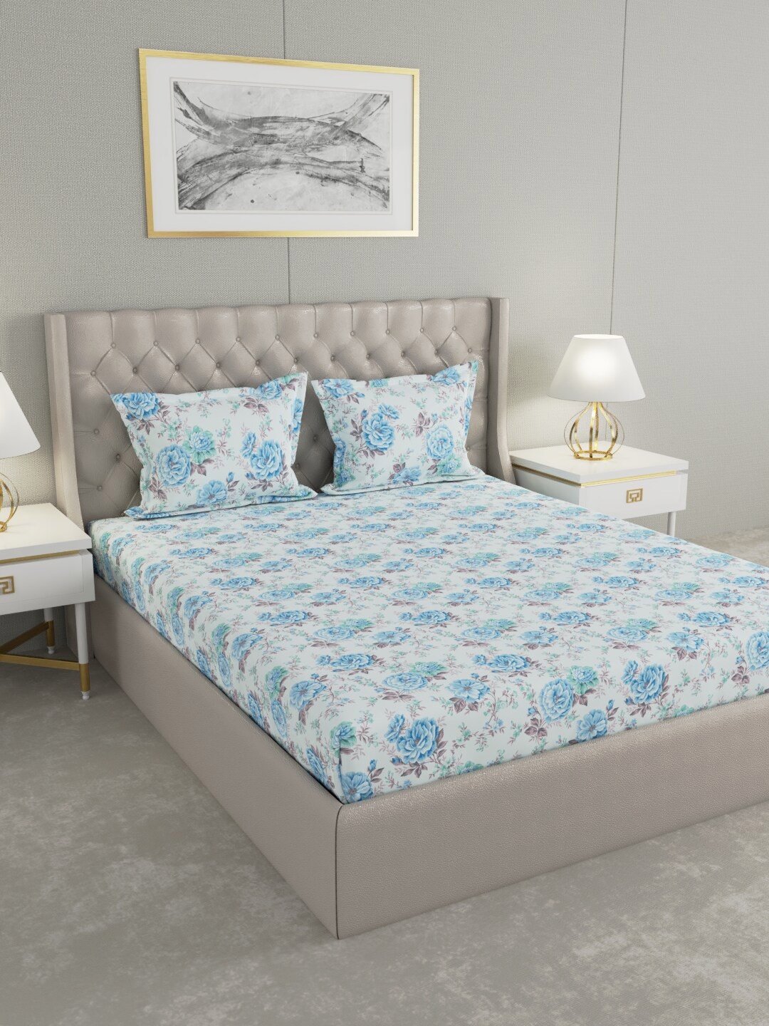 

Raymond Home Blue & Grey Floral Cotton 104 TC King Bedsheet with 2 Pillow Covers