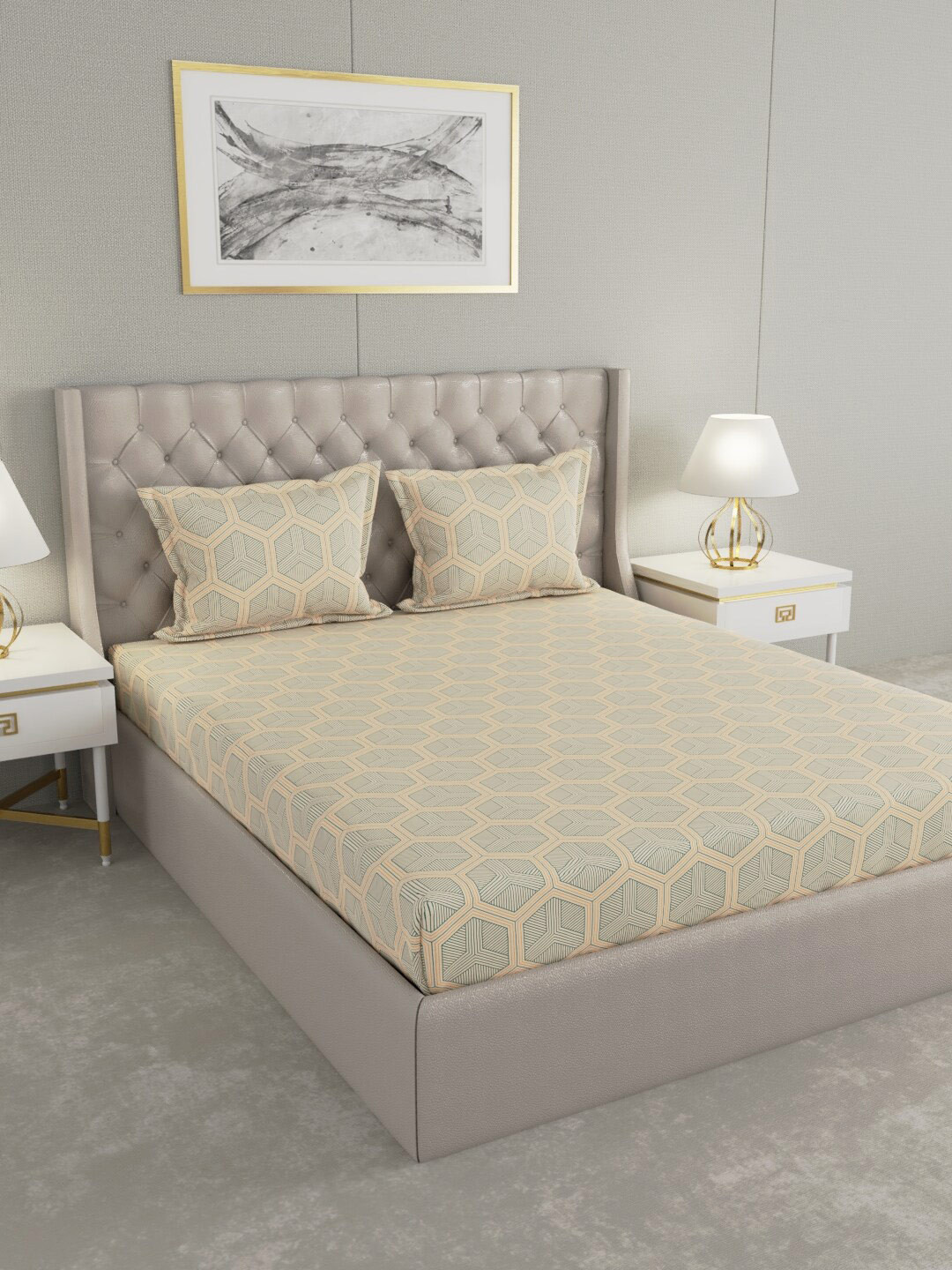 

Raymond Home Yellow & Green Geometric 104 TC Cotton King Bedsheet with 2 Pillow Covers