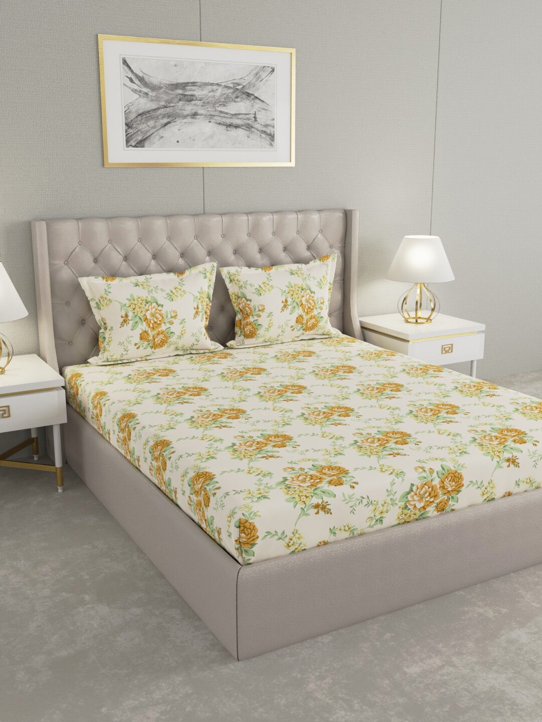 

Raymond Home Yellow & Green Floral 104 TC King Bedsheet with 2 Pillow Covers