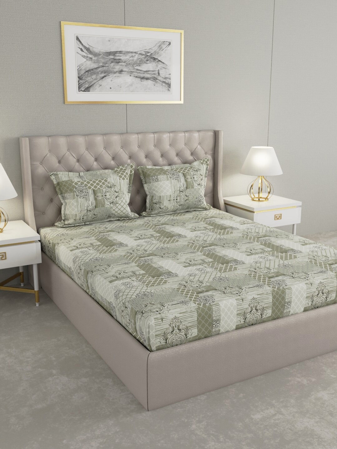 

Raymond Home Grey & Off White Ethnic Motifs 104 TC King Bedsheet with 2 Pillow Covers