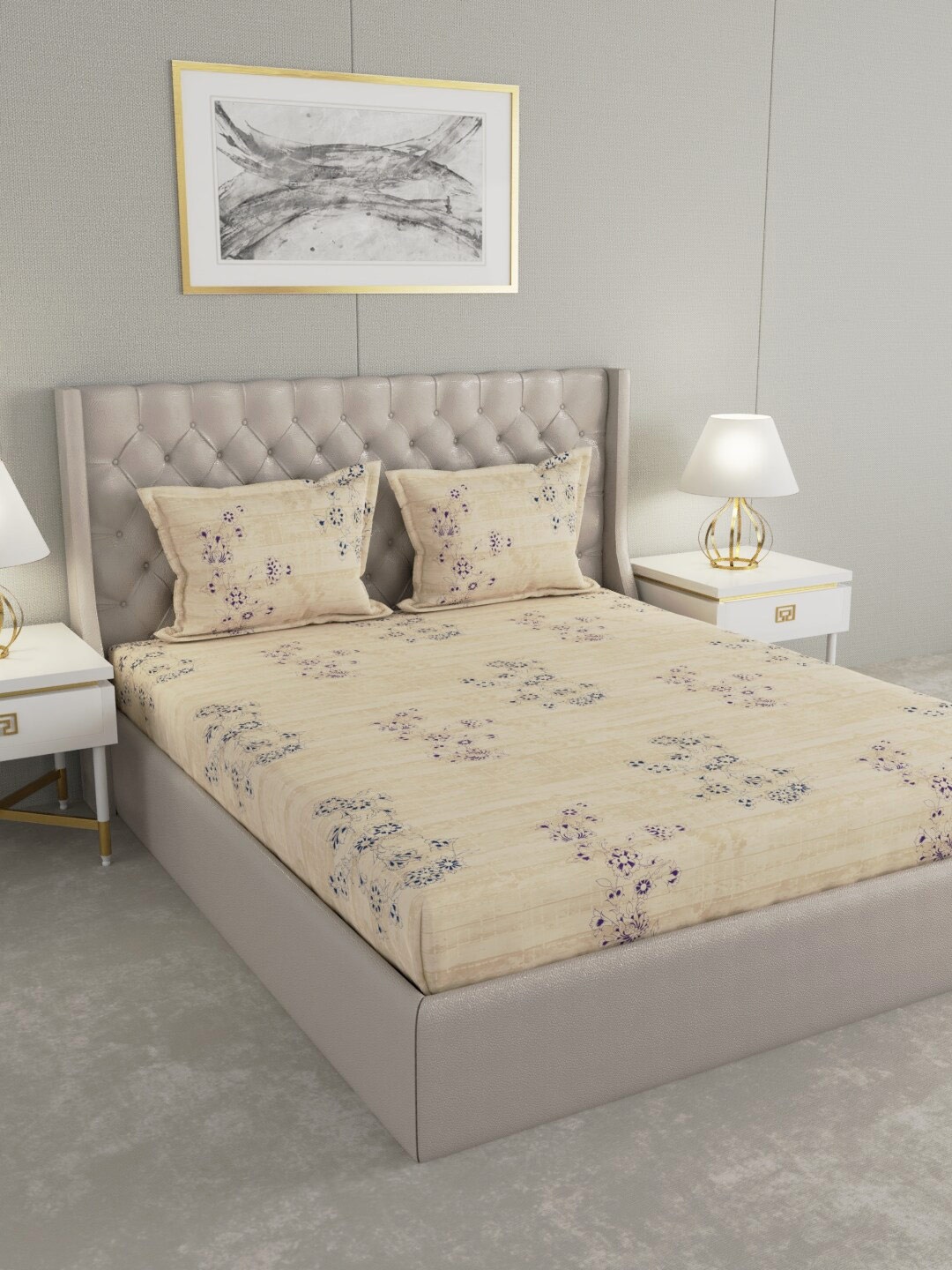 

Raymond Home Brown & Purple Floral 104 TC Cotton King Bedsheet with 2 Pillow Covers