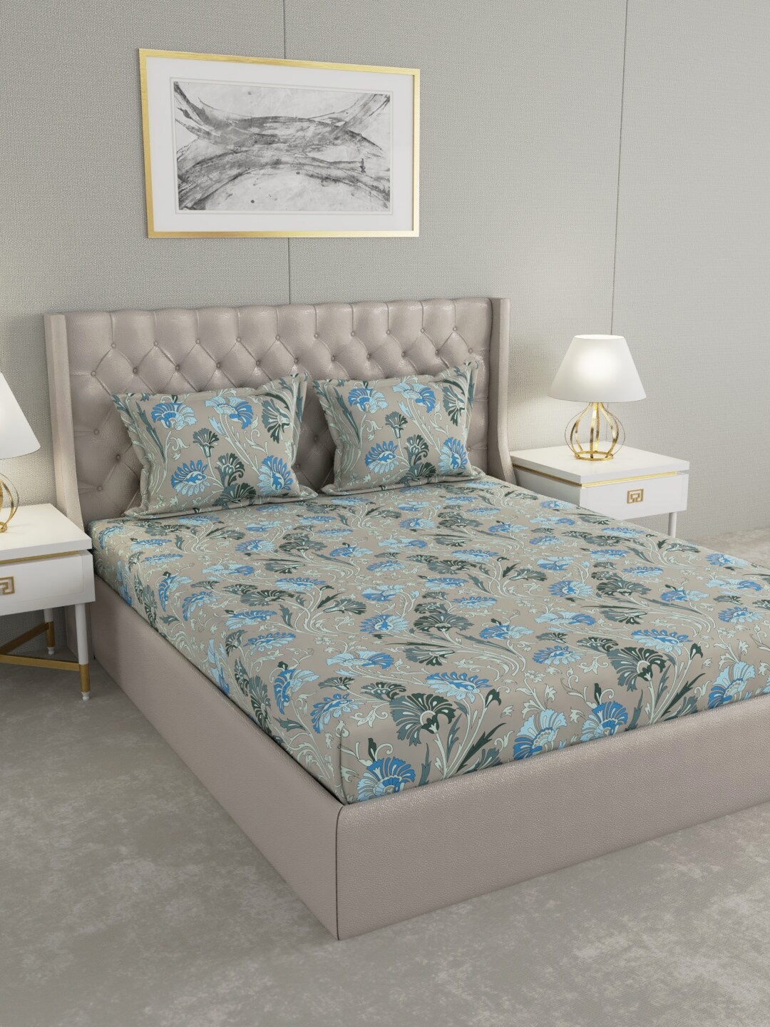 

Raymond Home Grey & Blue Floral 104 TC King Bedsheet with 2 Pillow Covers