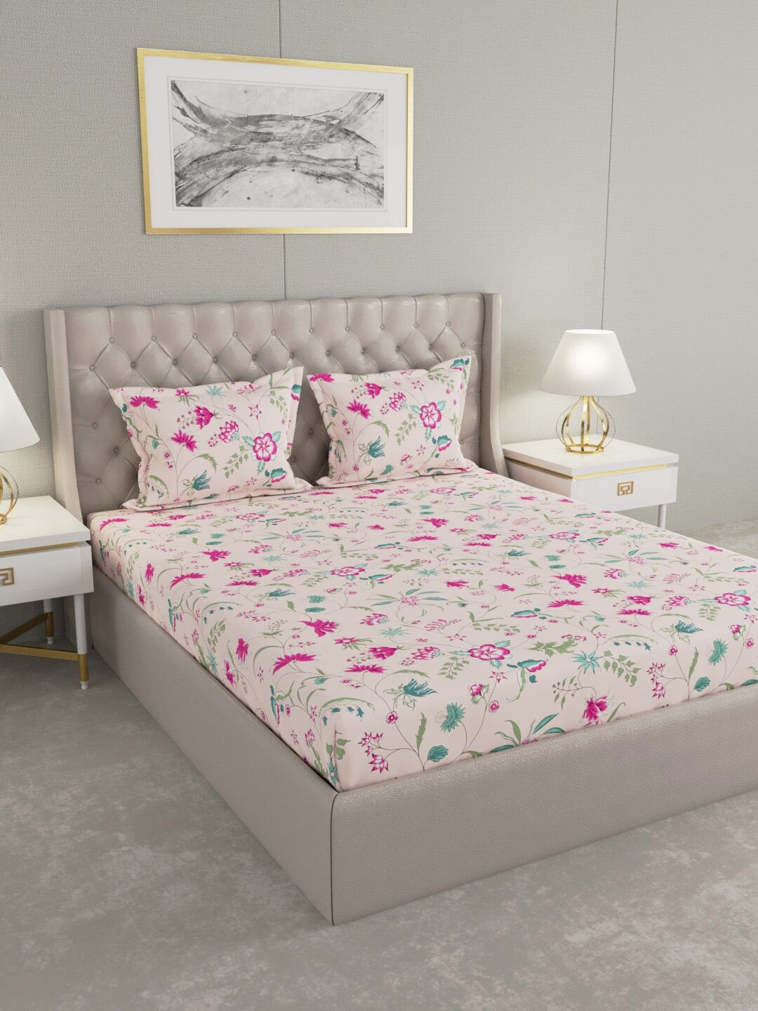 

Raymond Home Pink & Blue Floral Printed Pure Cotton 104 TC King Bedsheet with 2 Pillow Covers