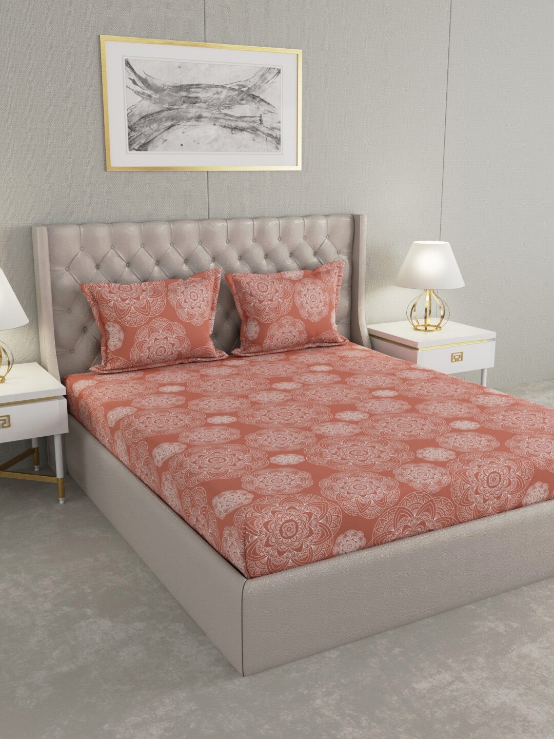 

Raymond Home Peach-Coloured & Off White Ethnic Motifs Pure Cotton 104 TC King Bedsheet with 2 Pillow Covers