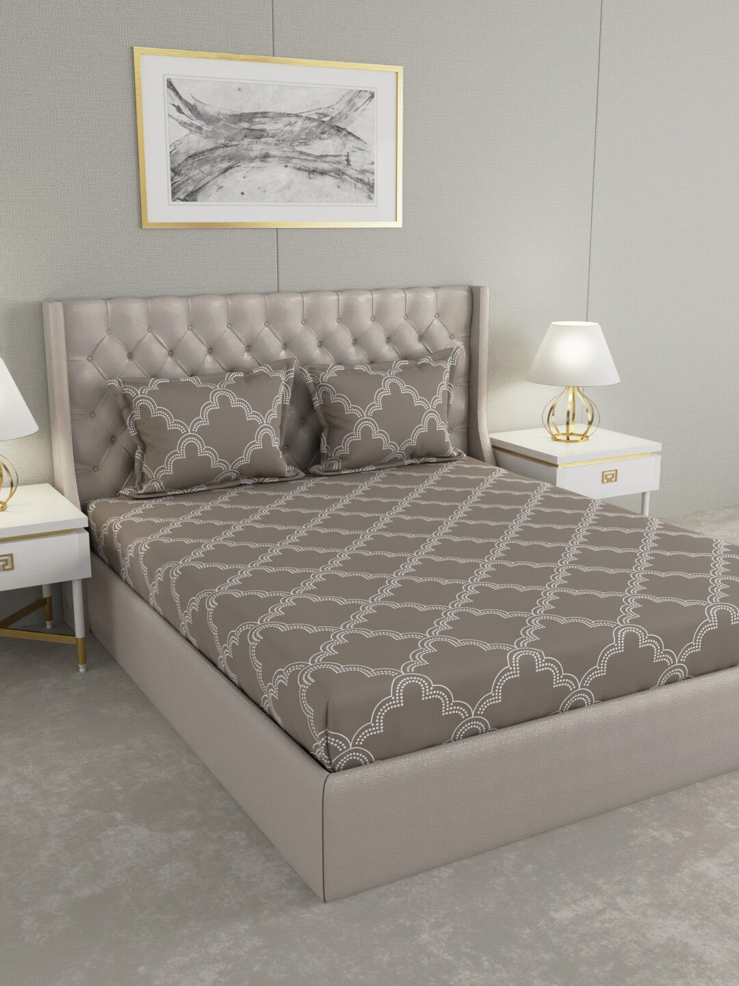 

Raymond Home Grey & White Geometric Printed Pure Cotton 104 TC King Bedsheet with 2 Pillow Covers