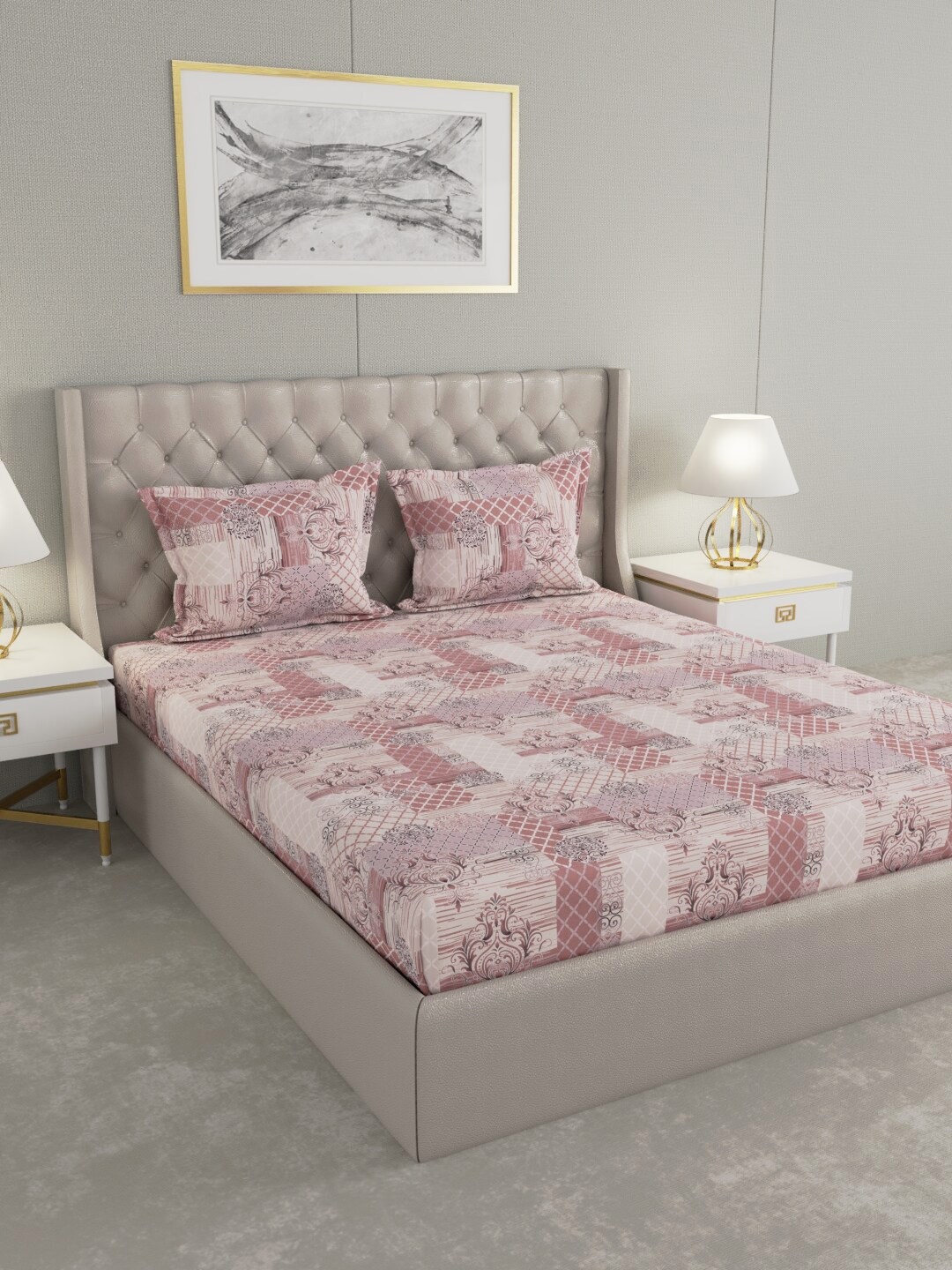 

Raymond Home Pink & White Ethnic Motifs Printed Pure Cotton 104 TC King Bedsheet with 2 Pillow Covers