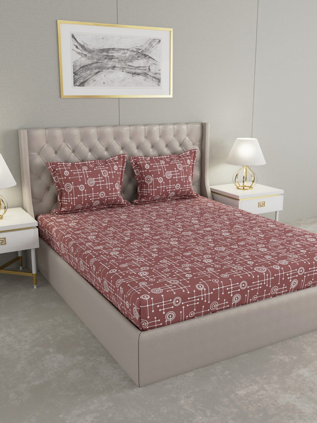 

Raymond Home Maroon & White Geometric Printed Pure Cotton 104 TC King Bedsheet with 2 Pillow Covers