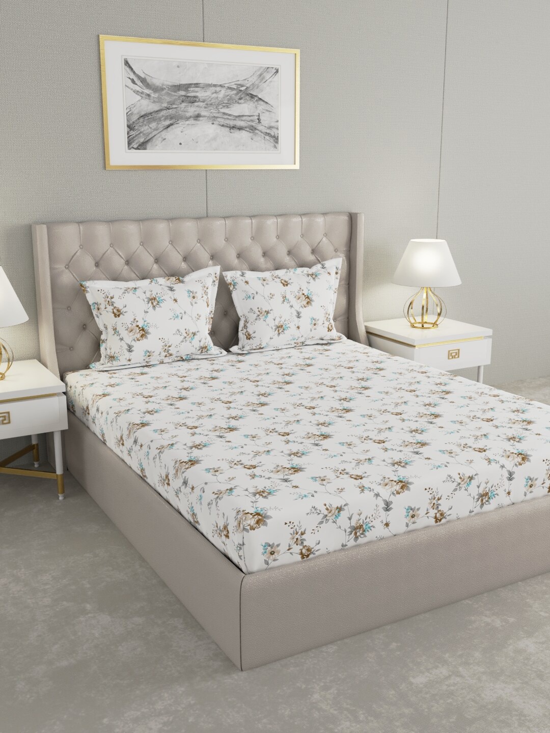 

Raymond Home White & Green Floral Printed Pure Cotton 104 TC King Bedsheet with 2 Pillow Covers