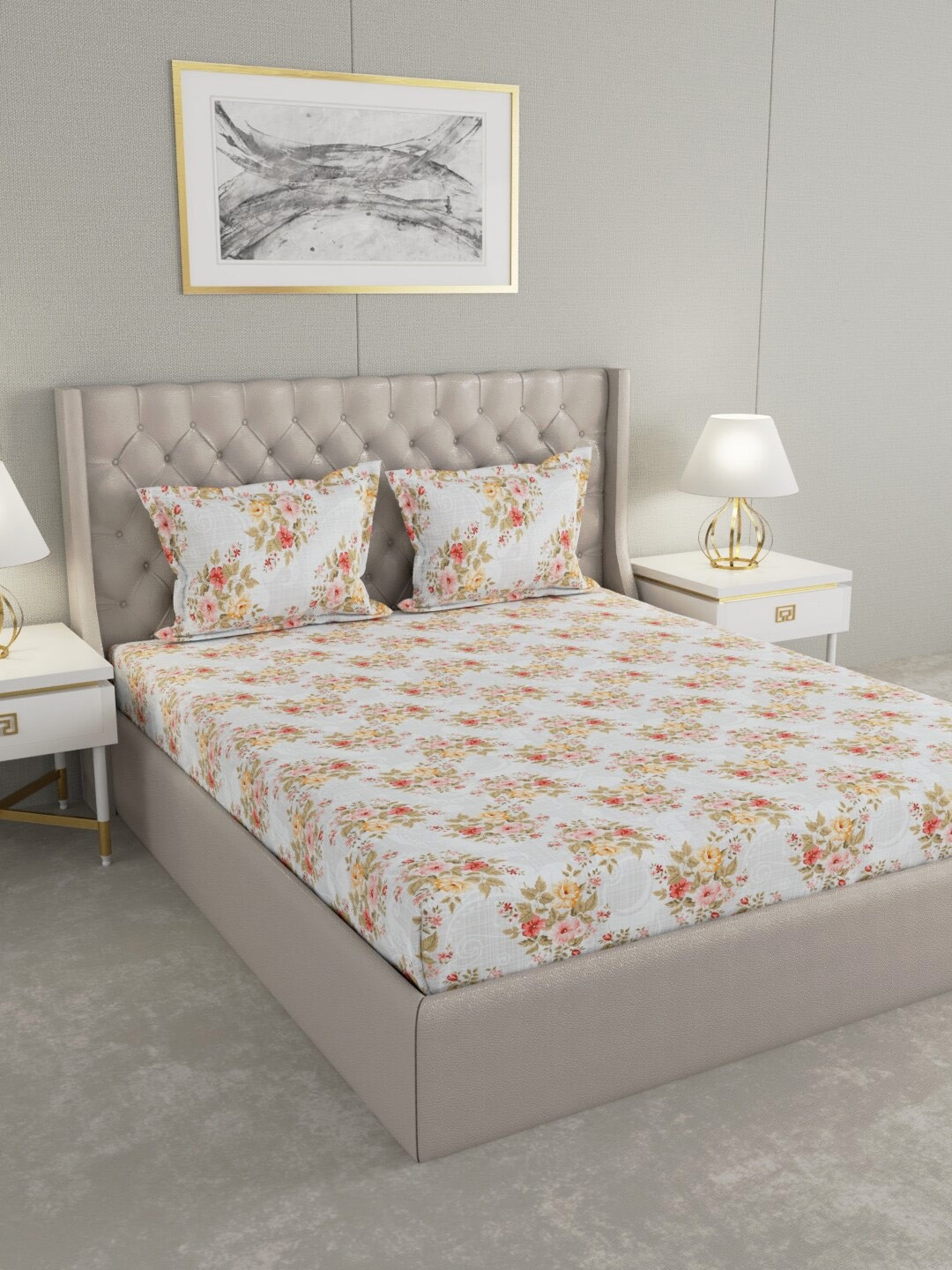 

Raymond Home Off White & Orange Floral Printed Pure Cotton 104 TC King Bedsheet with 2 Pillow Covers