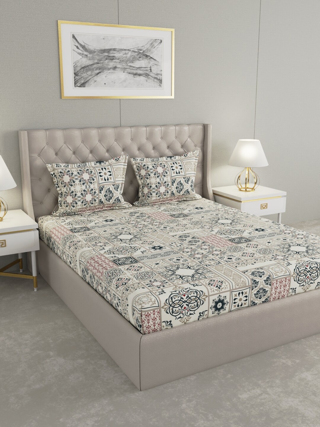 

Raymond Home White & Pink Ethnic Motifs Printed Pure Cotton 104 TC King Bedsheet with 2 Pillow Covers