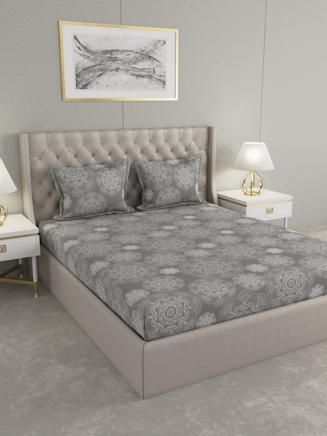 

Raymond Home Grey & White Ethnic Motifs Printed Pure Cotton 104 TC King Bedsheet with 2 Pillow Covers