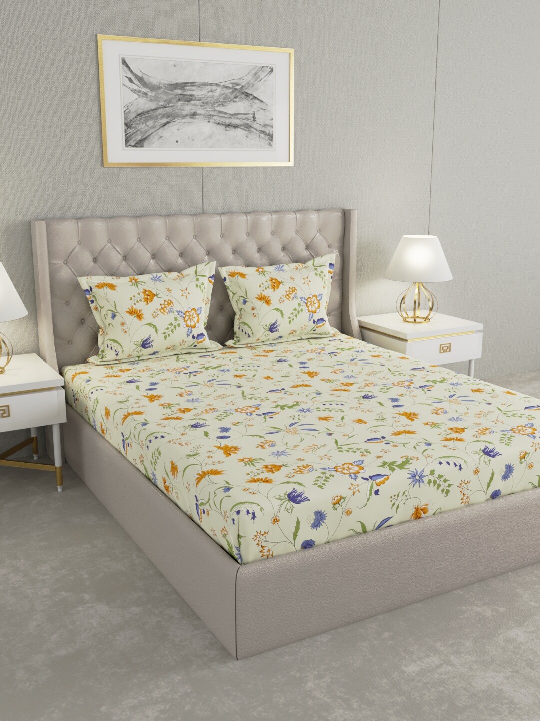 

Raymond Home Cream-Coloured & Green Floral Printed Pure Cotton 104 TC King Bedsheet with 2 Pillow Covers