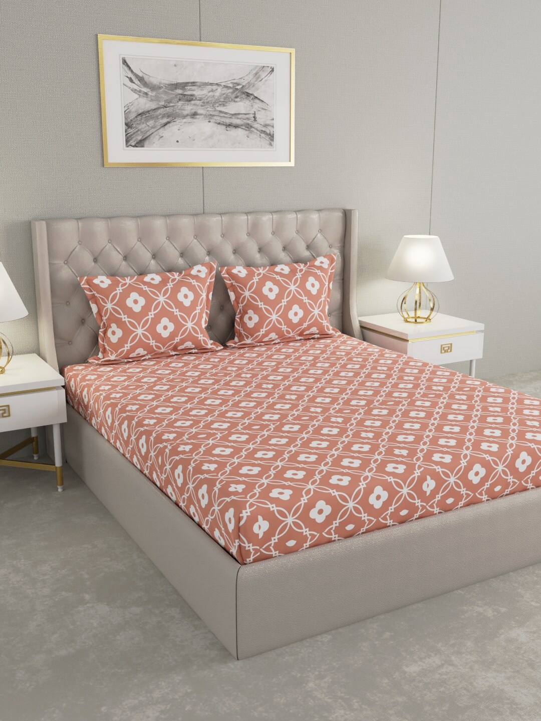 

Raymond Home Peach-Coloured & White Floral Printed Pure Cotton 104 TC King Bedsheet with 2 Pillow Covers