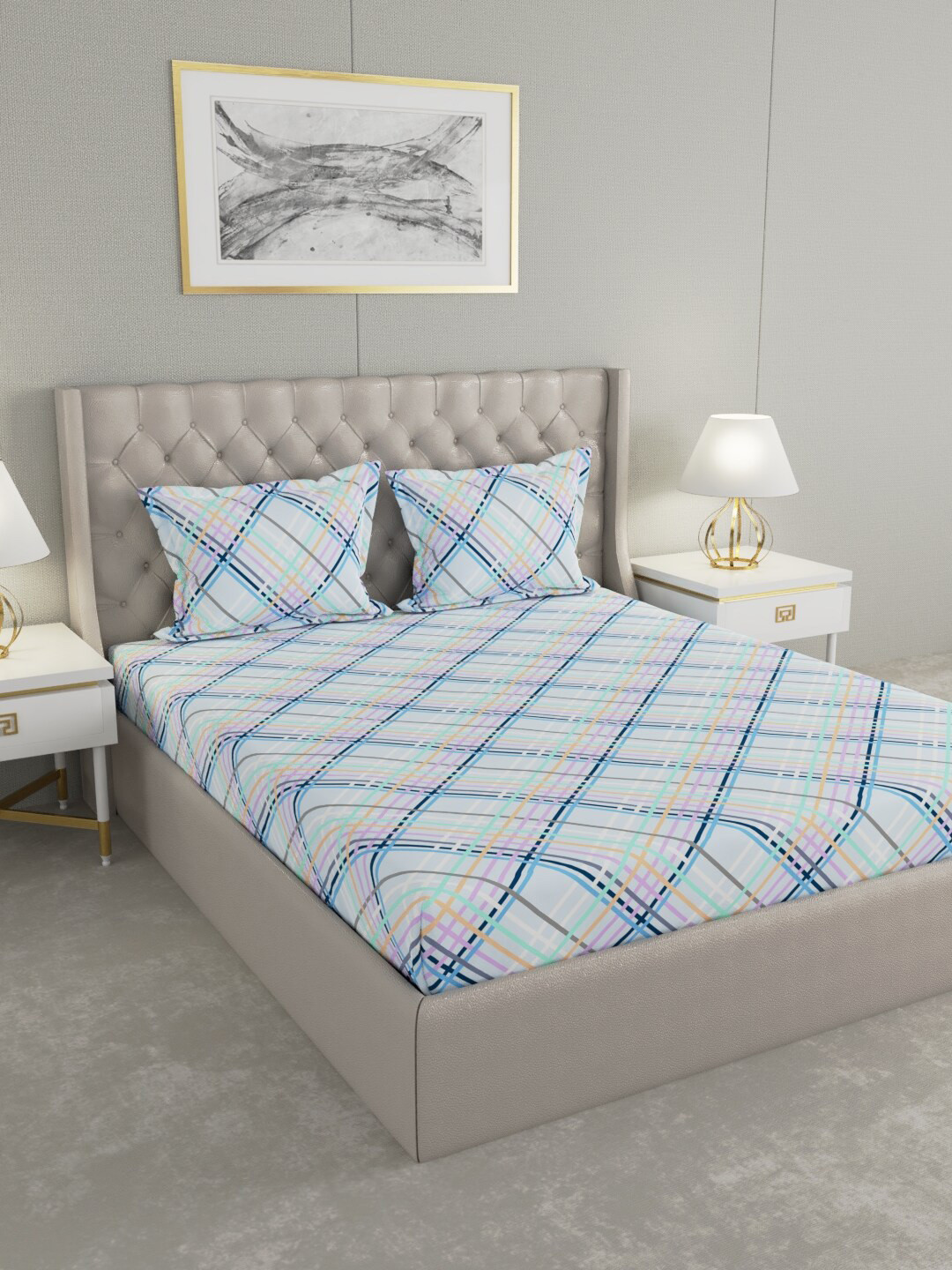 

Raymond Home Blue & White Geometric Printed Pure Cotton 104 TC King Bedsheet with 2 Pillow Covers