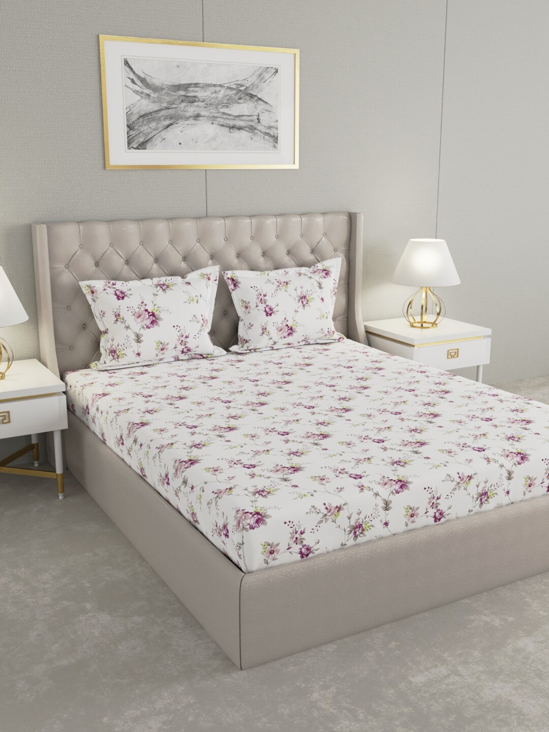 

Raymond Home White & Purple Floral Printed Pure Cotton 104 TC King Bedsheet with 2 Pillow Covers