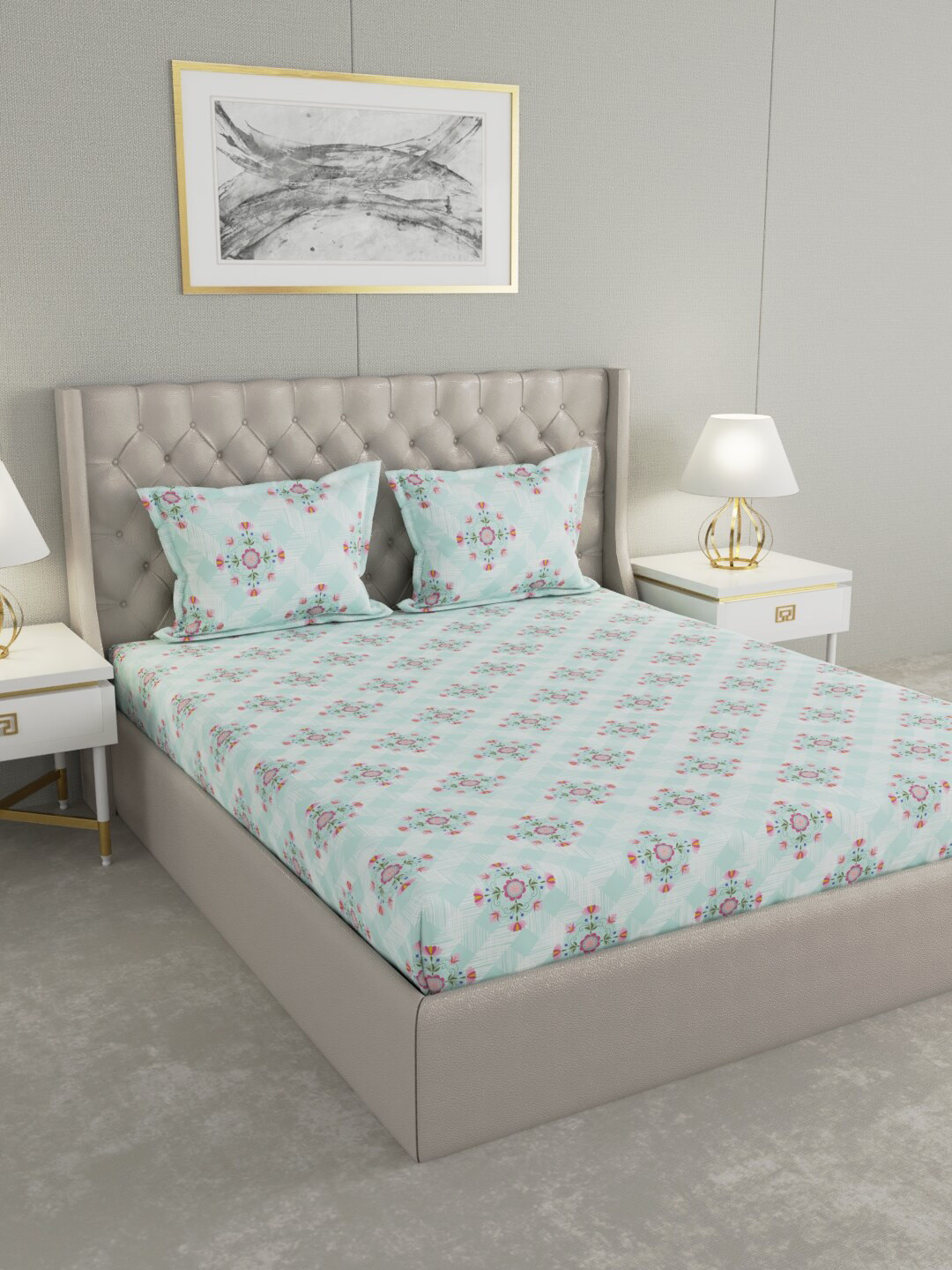 

Raymond Home Blue & Pink Floral Printed Pure Cotton 104 TC King Bedsheet with 2 Pillow Covers