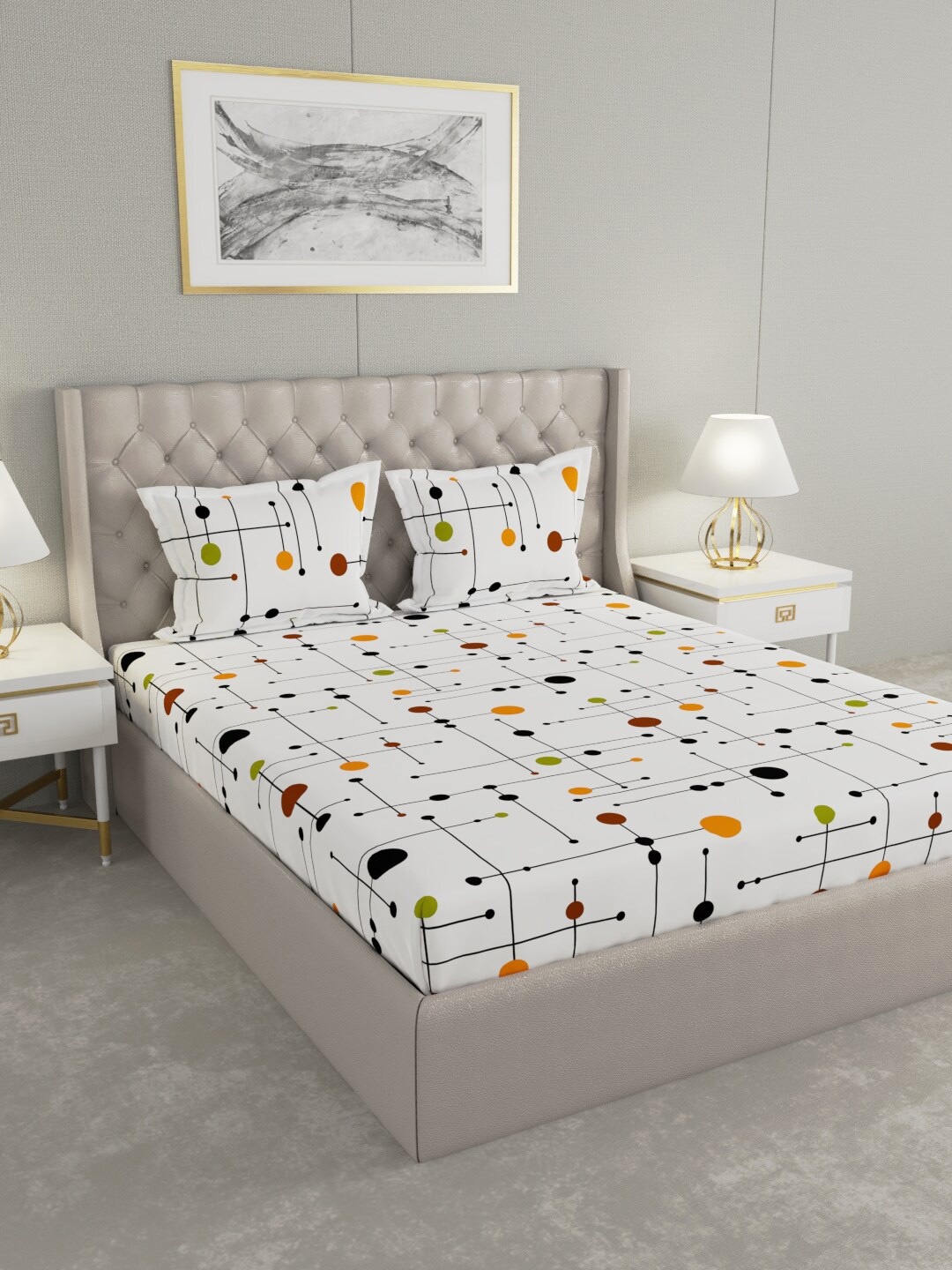 

Raymond Home White & Black Geometric Printed Pure Cotton 104 TC King Bedsheet with 2 Pillow Covers