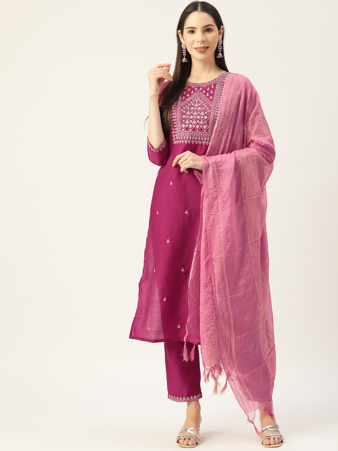 

MissKurti Women Magenta Embroidered Mirror Work Kurta with Trousers & With Dupatta