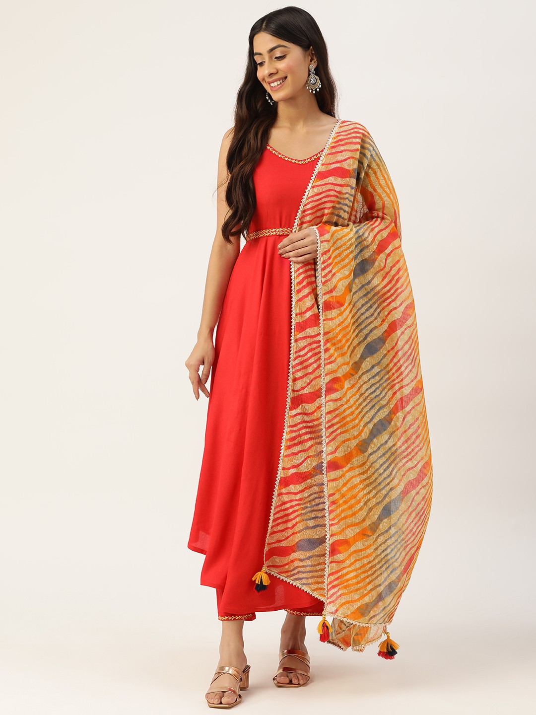 

MissKurti Women Red Tiered Kurta with Trousers & With Dupatta