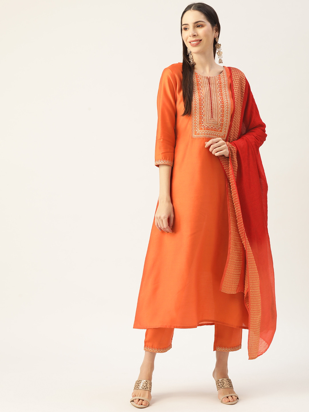 

MissKurti Women Coral Ethnic Motifs Embroidered Kurta with Trousers & With Dupatta