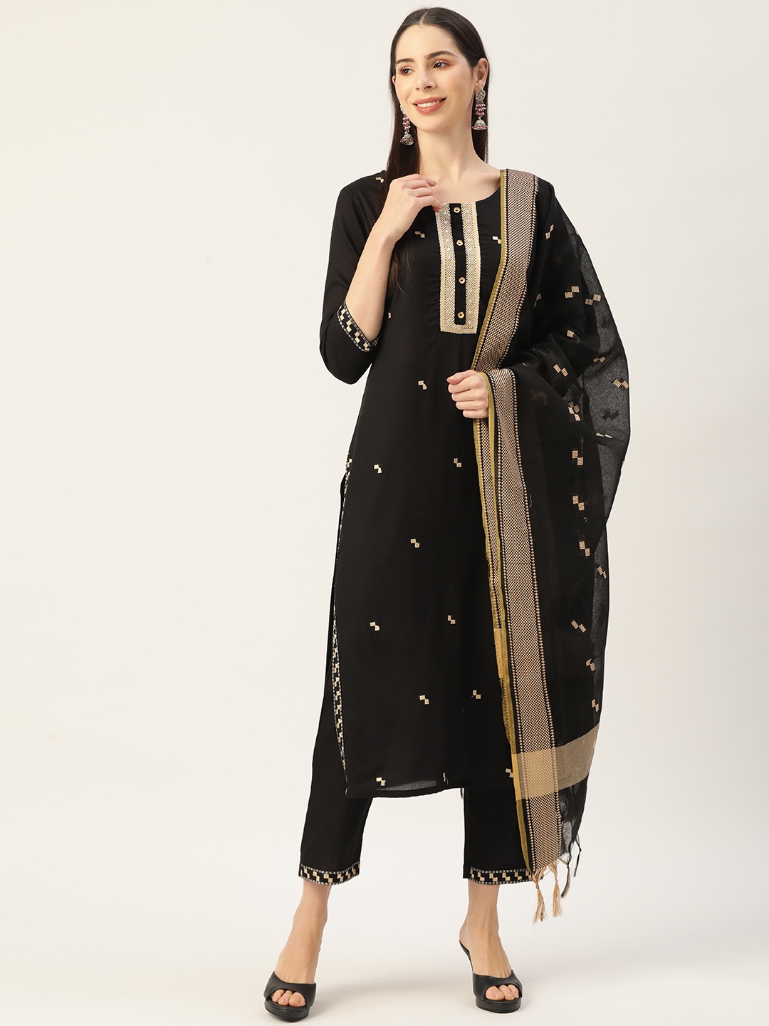 

MissKurti Women Black Embroidered Mirror Work Kurta with Trousers & With Dupatta